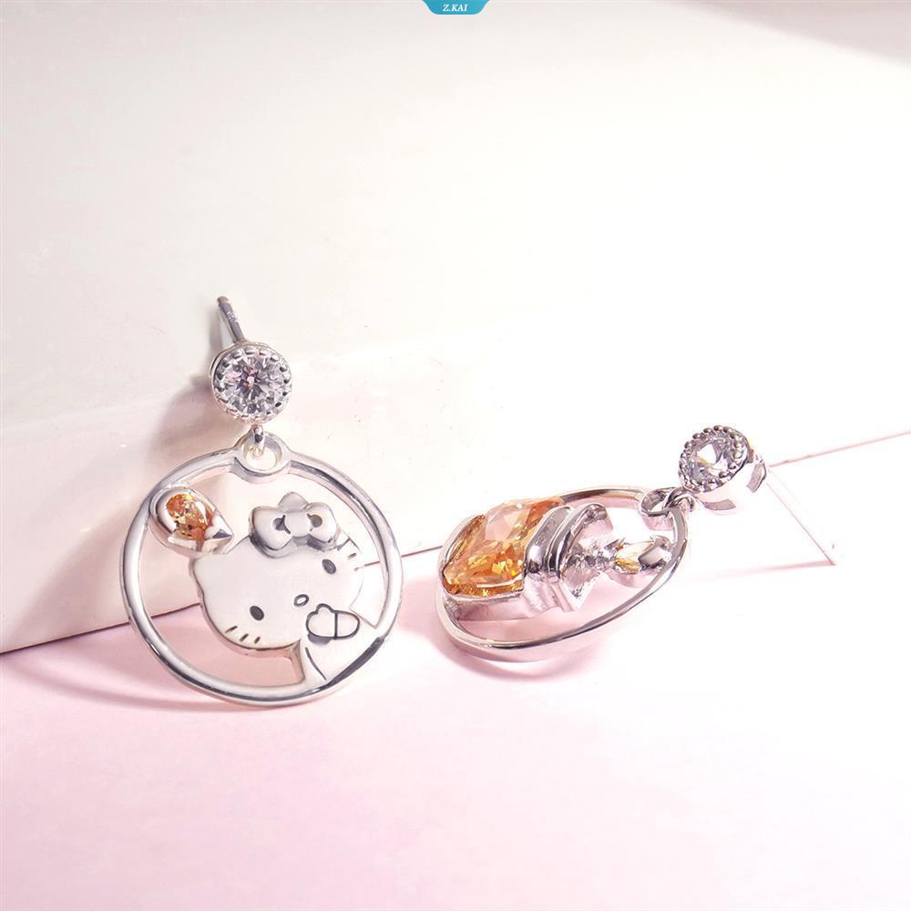 Sanrio Kawaii Fantasy Paradise Hello Kitty Jam Kristal925Perak Anting Stud Earrings Kwaii Perhiasan Hadiah Ulang Tahun Gadis Anting [ZK]