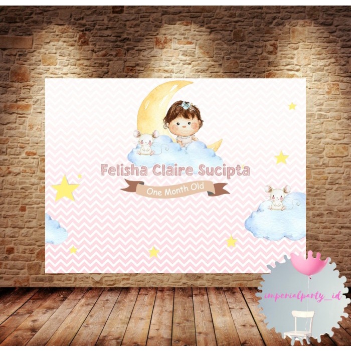 SALE Custom Backdrop Banner Spanduk Happy One Month Baby Moon Celebration - 1x1 m Termurah