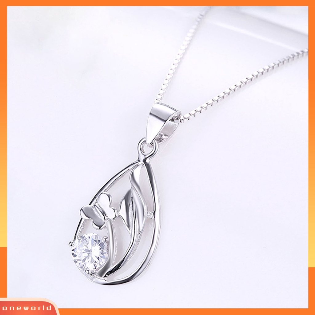 [ONE] Silverhoo 925kalung Klavikula Perak Berongga Tetesan Air Bunga Rumput Cubic Zirconia Necklace Untuk Pacaran