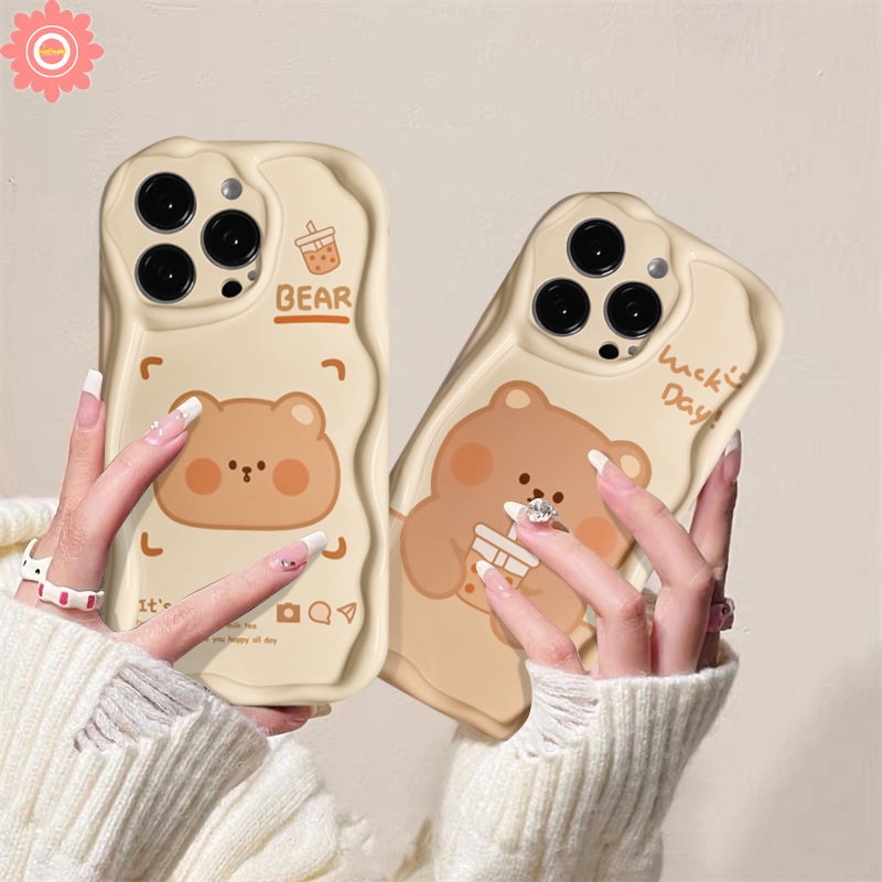 Casing Untuk Realme C53 C25 C15 C55 C30 C20 C11 C25Y C21 C35 C12 C33 C21Y C31 C25s 5 9i 7i 5i 6i 5s C17 C3 C20A C3 C1 Kartun Lucu Milk Tea Bear Lembut 3D Bergelombang Lengkung Tepi Tpu Sarung