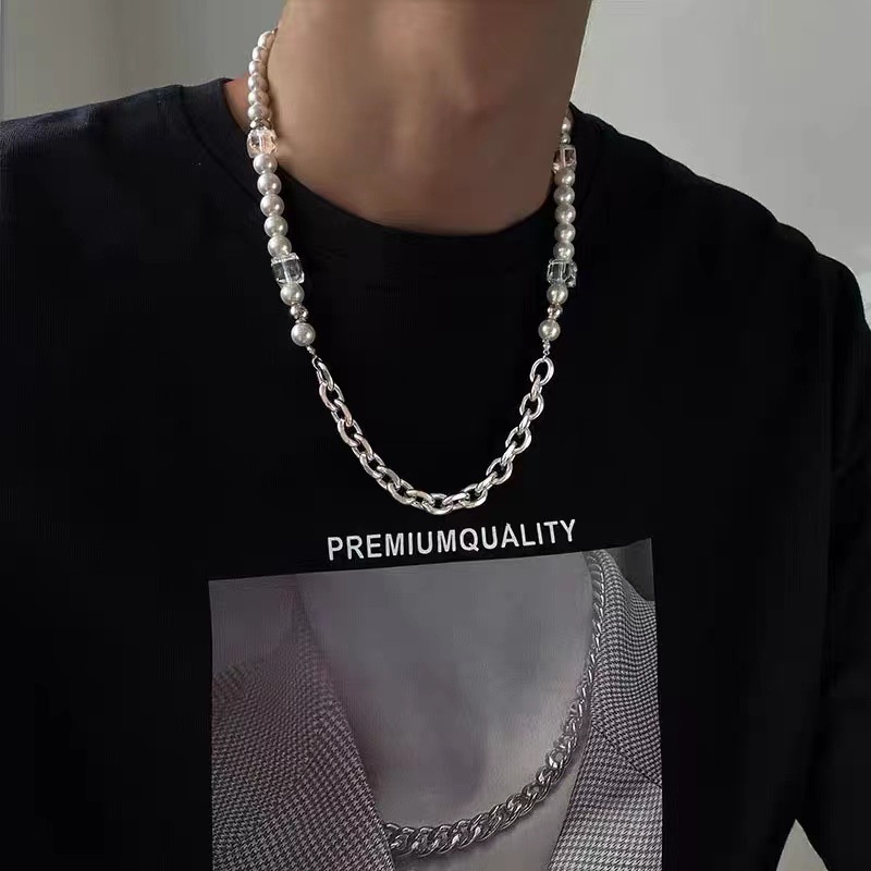 Kalung Hip Hop Bahan Titanium Steel Dengan Manik-Manik Kristal Dan Mutiara Untuk Pasangan