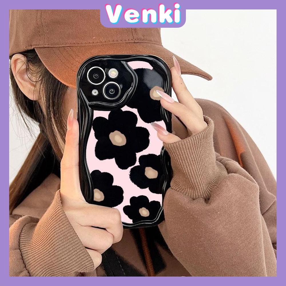 VENKI - Untuk iPhone 11 Case Curved Edge Wave Case Glossy Black TPU Airbag Tahan Guncangan Kamera Case Bunga Lucu Kompatibel dengan iPhone 14 13 Pro max 12 Pro Max xr xs 7Plus 8PLus