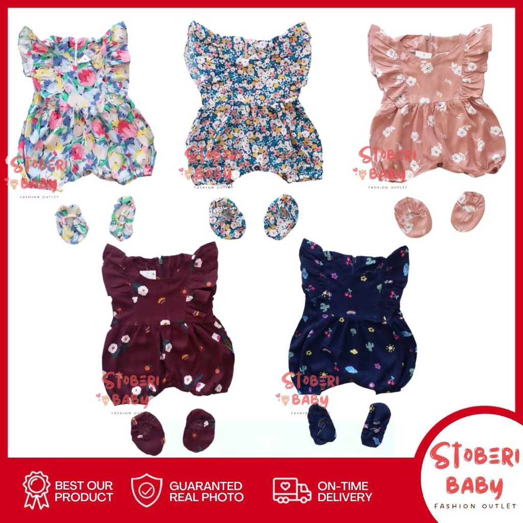 stoberi baby - BBB JUMPSUIT ZEELAA setelan anak perempuan jumper bayi motif bunga lucu free sarung kaki PART 1