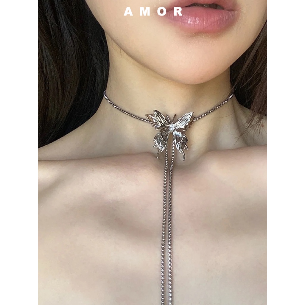 Y2k Butterfly Pull Adjustable Necklace Liquefied Metal Pribadi Asli Manis Keren Pedas Gadis2023 Indah