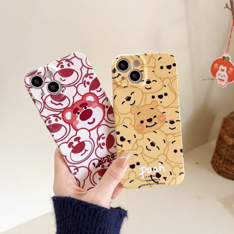 IPHONE Casing Plastik Keras Kartun Winnie Strawberry Bear HP iP Iphone14+Plus X XS XR 11 12 13 Pro Max FTD Woman Girl Casing Apple