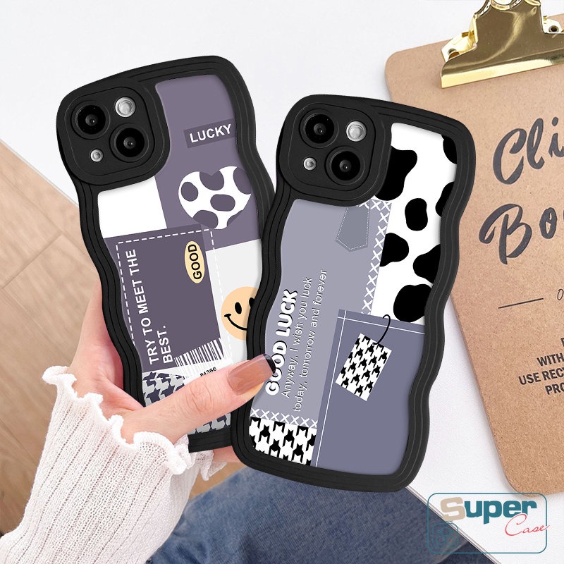 Art Splicing Smiley Pattern Back Case Kompatibel Untuk iPhone 7Plus 13 11 12 14 Pro Max XR 6s 6 7 8 Plus X XS Max SE 2020 Wavy Edge Fashion Cute Houndstooth Leopard Soft Tpu Cover