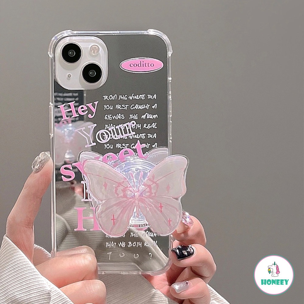 Fashion Pink English Butterfly Stand Phone Case Untuk iPhone 11 Pro Max12 13 14 Pro Max XS XR 7 8plus Cermin Anti-Shock Back Cover