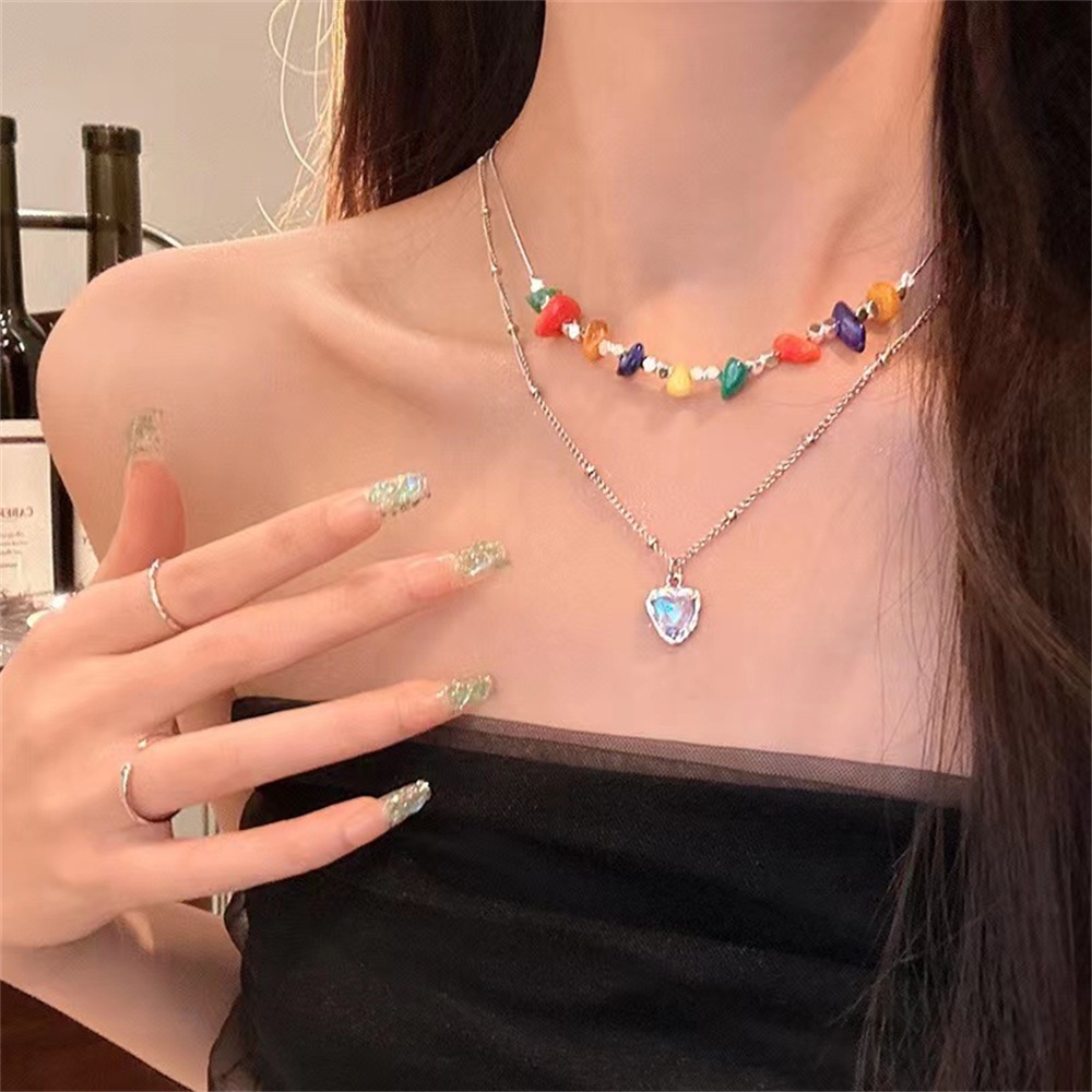 Indah Hati Liontin Double Layer Manik-Manik Warna-Warni Kalung Wanita Gadis Manis Keren Kerah Rantai Perhiasan