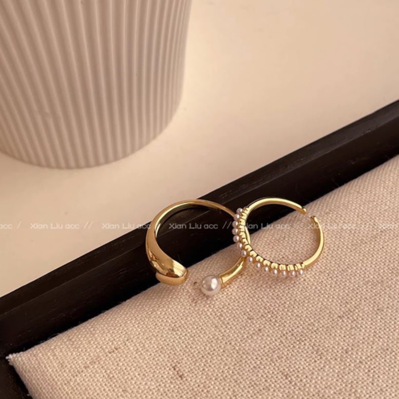 Cincin Geometris Mutiara Bahan Alloy Korea Untuk Wanita