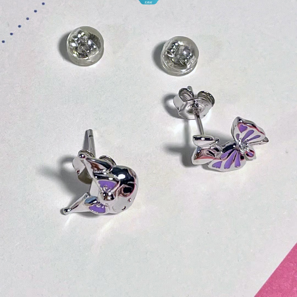 Sanrio Kuromi Warna Perak Kupu-Kupu Zirkon Studs Earrings Desain Tiga Dimensi Double Layer Wing Earrings Perhiasan Wanita [ZK]