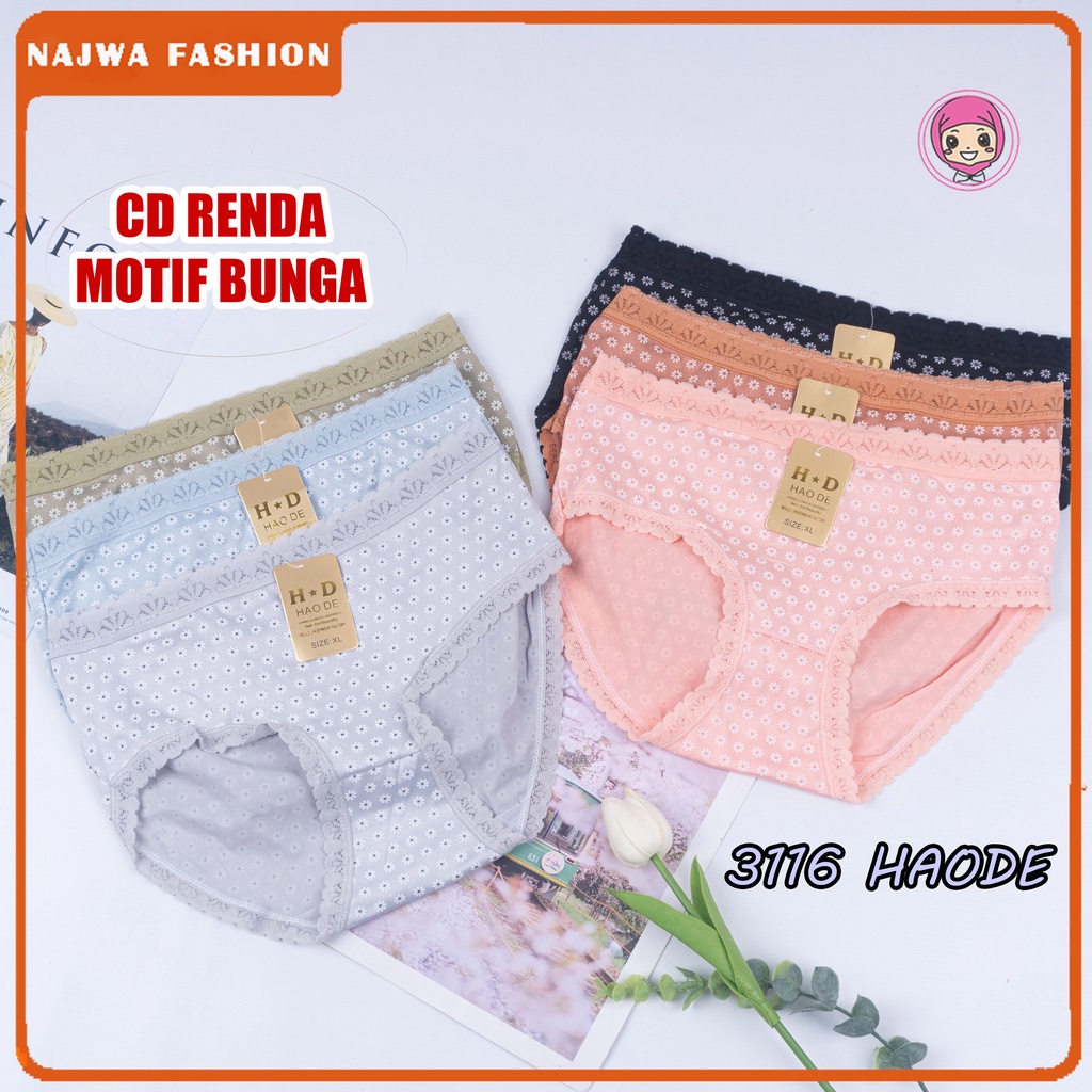 ZASKIYA - Celana Dalam Mid Waist Import Undies Premium Motif Bunga Renda HAODE 3116