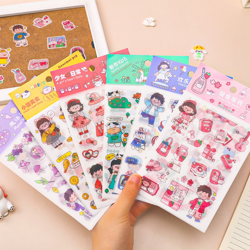 4lembar/set Kartun Gadis Anak Buku Pegangan Dekoratif Stiker DIY Diary Buku PVC Self-adhesive Stickers