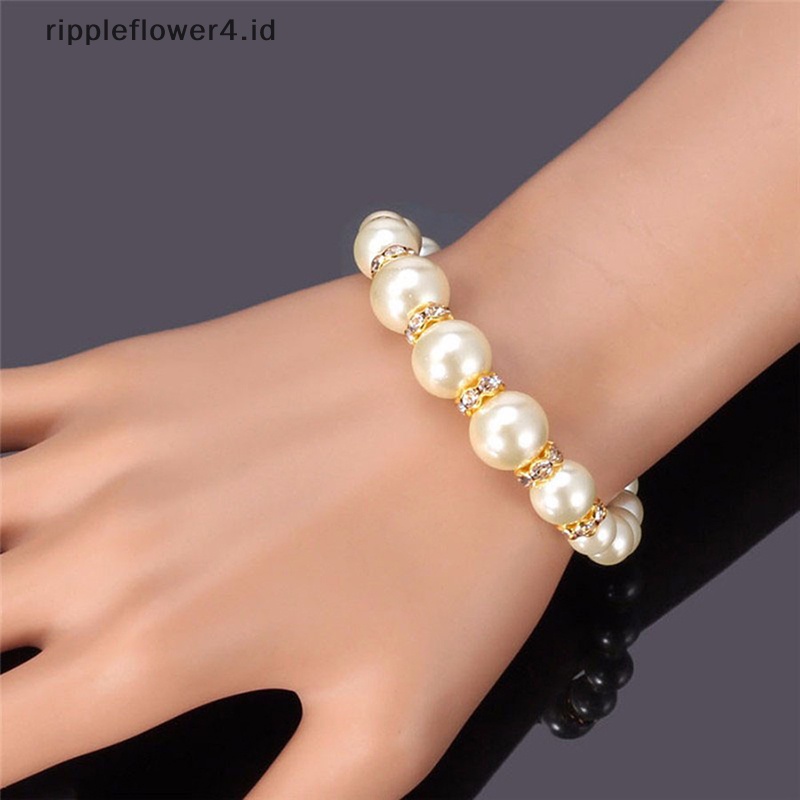 {rippleflower4.id} 3in1 Set Elegan Simulasi Mutiara Kalung Anting Gelang Panjang Kalung Wanita Pengantin Pernikahan Perhiasan Hadiah~