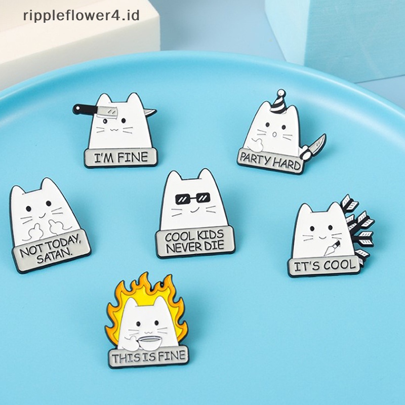 {rippleflower4.id} I'm FINE Enamel Pins Custom COOL KIDS NEVER DIE NOT TODAY Setan Cat Bros Lapel Badge Fun Cartoon Jewelry Gift Untuk Teman Anak~