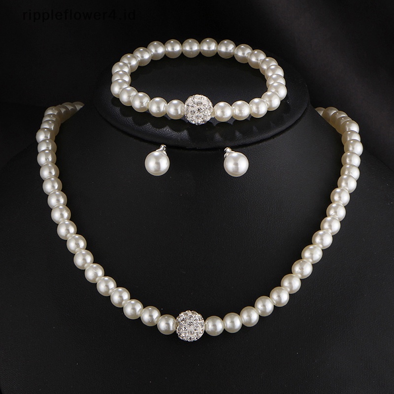 {rippleflower4.id} Fashion Wanita Pengantin Pesta Pernikahan Mutiara Kalung Anting Gelang Set Perhiasan Dekorasi~