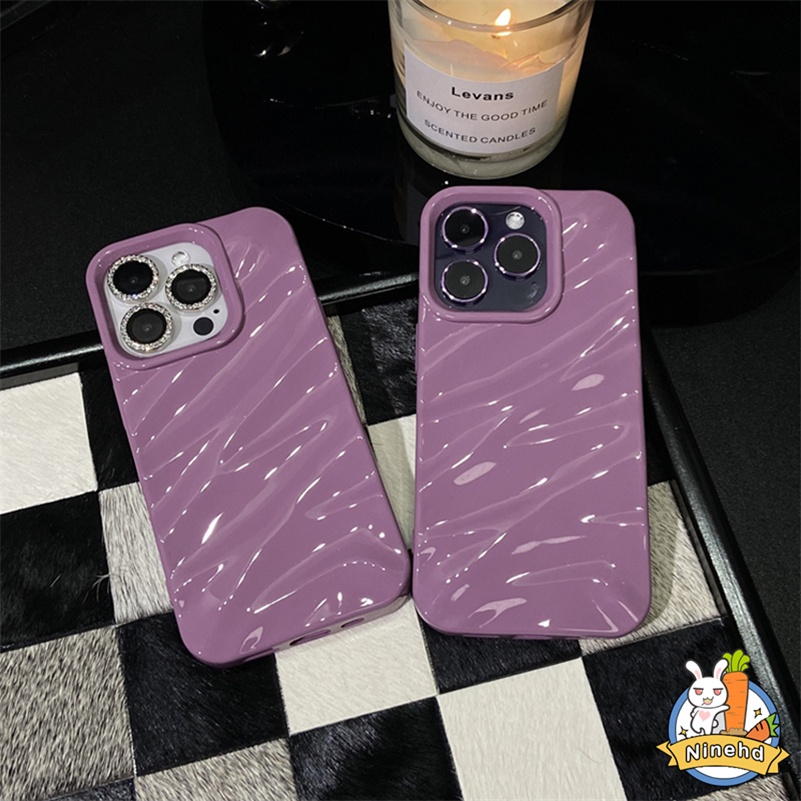 Luxury High-end Ungu 3D Pleats iPhone Case Kompatibel Untuk Iphone14 13 12 11 Pro Max X Xr Xs Max8 7 6 6s Plus SE 2020 Karet Menebal Casing Ponsel Bumper Shockproof Lembut TPU Cover