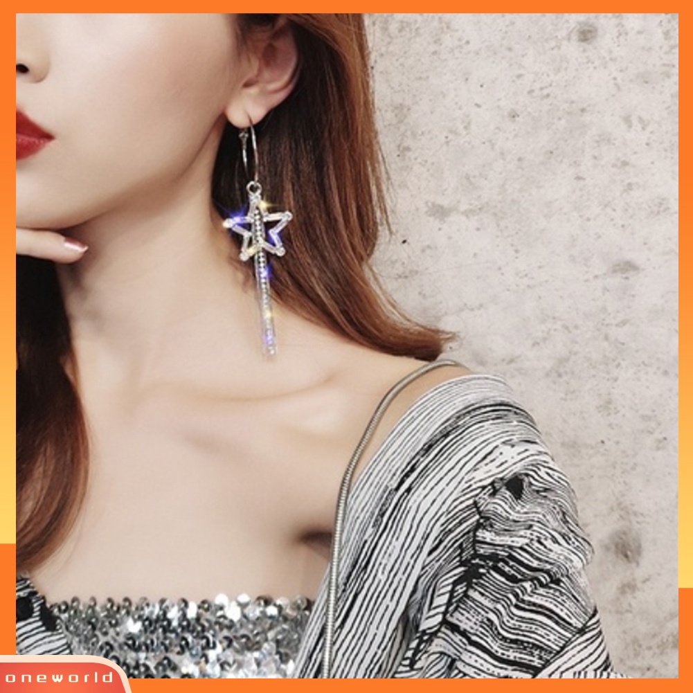 [WOD] Wanita Berlian Imitasi Berongga Bintang Panjang Rumbai Menjuntai Hoop Earrings Statement Jewelry