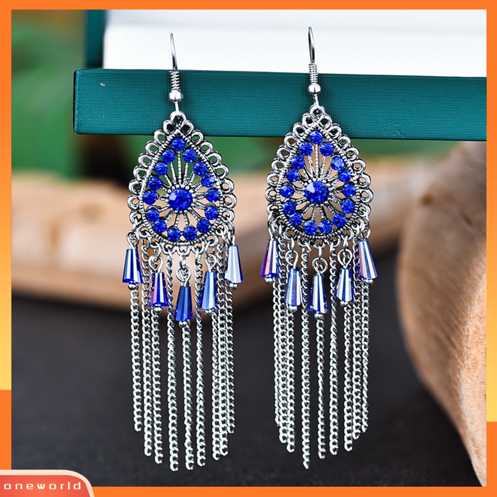 [WOD] 1pasang Anting Wanita Bentuk Tetesan Air Rumbai Berlian Imitasi Vintage Drop Earrings Untuk Pakaian Sehari-Hari