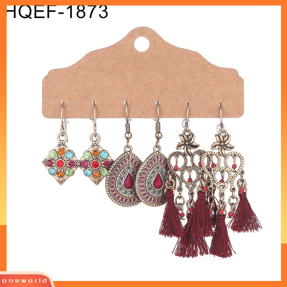 [WOD] 3pasang Bulat Teardrop Rumbai Menjuntai Wanita Ear Stud Hook Earrings Perhiasan Pesta