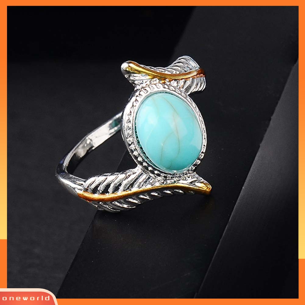 [WOD] Vintage Two Tone Twist Leaf Faux Turquoise Cincin Wanita Pernikahan Pertunangan Perhiasan