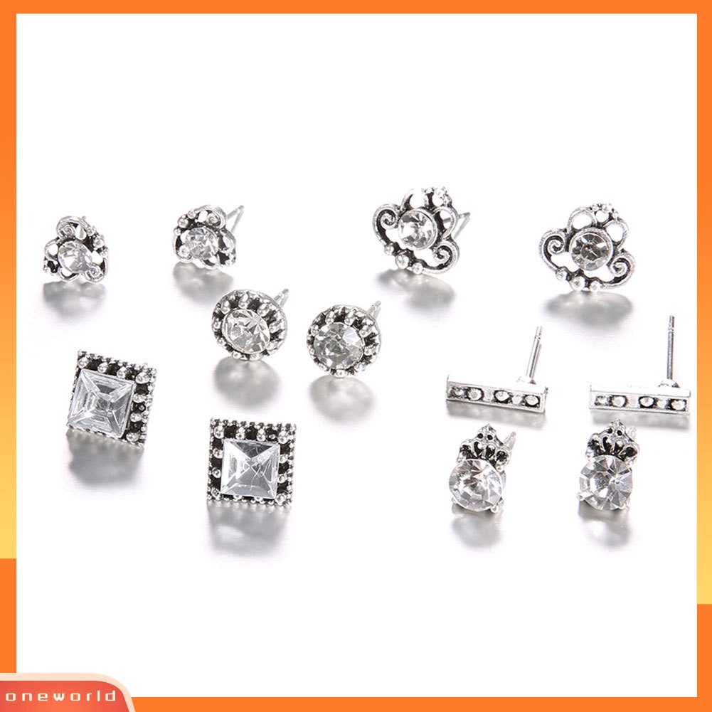 [WOD] 6pasang Campuran Wanita Bohemia Persegi Bulat Mahkota Berlian Imitasi Ear Studs Earrings