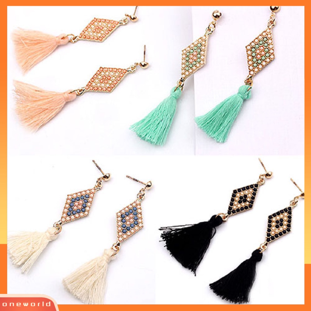 [WOD] 1pasang Ear Studs Gaya Folk Elegan Bentuk Rhombic Thread Fringed Earrings Untuk Hadiah