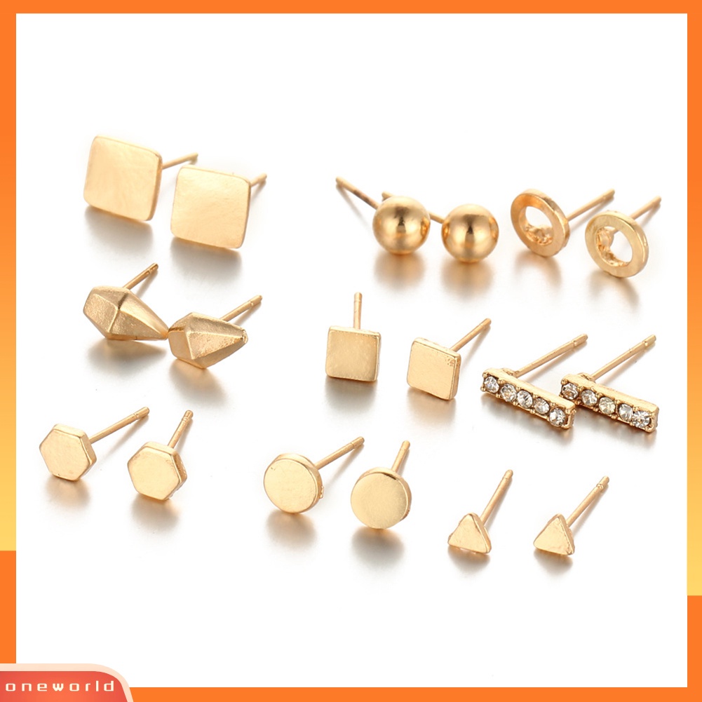 [WOD] 9pasang Fashion Wanita Punk Persegi Segitiga Bulat Geometris Stud Anting Set