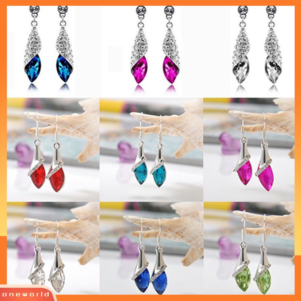 [WOD] Fashion Wanita Elegan Berlian Imitasi Mata Teardrop Menjuntai Perak Stud Hook Earrings