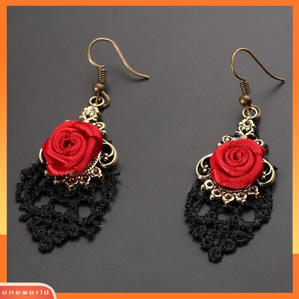 [WOD] 1pasang Fashion Wanita Renda Mawar Merah Berongga Menjuntai Kait Anting Perhiasan Hadiah