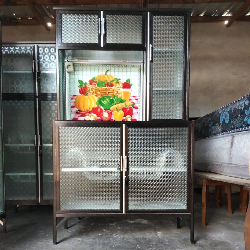 Rak Piring Keramik 3 Pintu Kaca Aluminium 1 Meter Box Minimalis Tempat Penyimpanan Lemari Dapur Serb