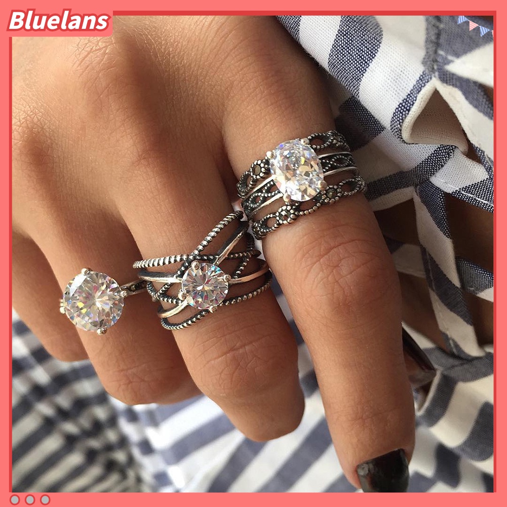 [BLS] 3pcs Vintage Berlian Imitasi Bertatahkan Melubangi Jari Cincin Set Perhiasan Wanita