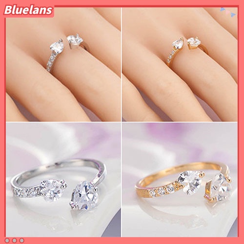 [BLS] Wanita Cinta Ganda Hati Terbuka Cincin Zirkon Mengkilap Tembaga Pernikahan Perhiasan Pengantin