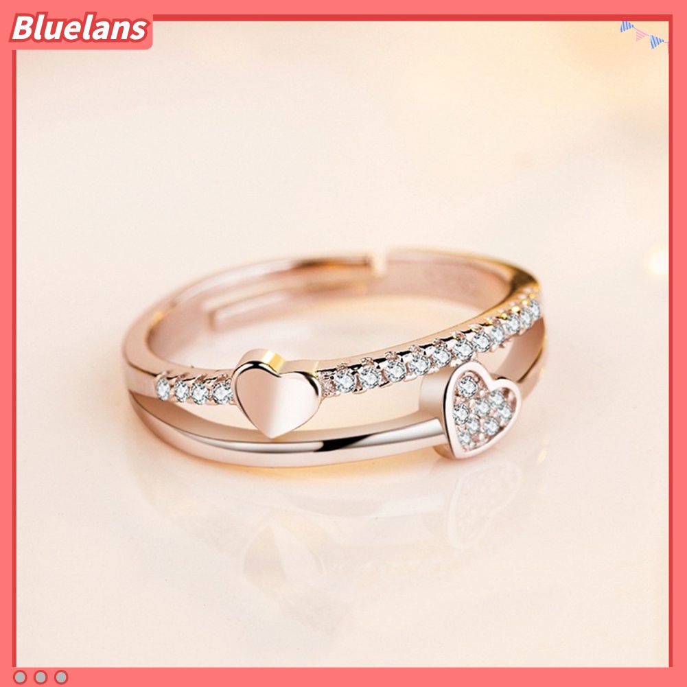 [BLS] Fashion Wanita Berlian Imitasi Hias Hati Ganda Cincin Berakhir Terbuka Perhiasan Hadiah