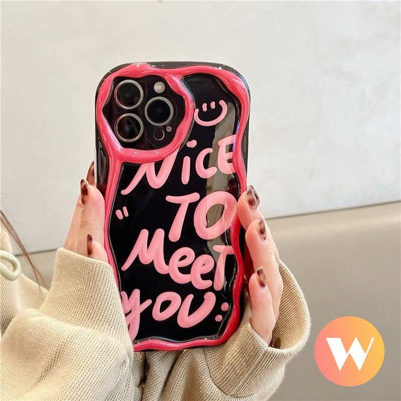 Telepon Kompatibel Untuk IPhone 7plus 11 14 13 12 Pro Max6 7 6s 8plus Se2020Xr X XS Max Ins Fashion Art Huruf Smile 3D Wavy Curved Edge Shockproof Airbag Glossy Tpu Soft Case