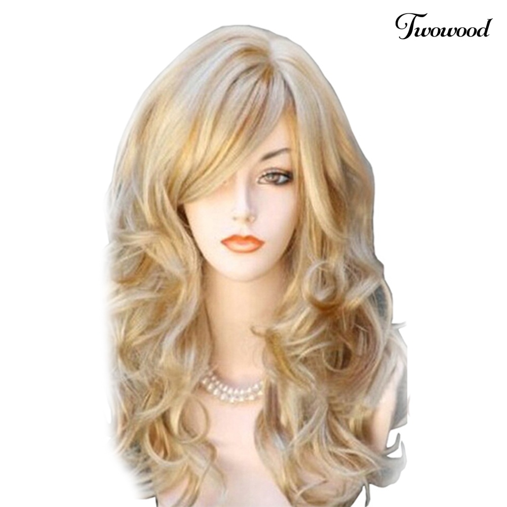 Twowood Sexy Golden Panjang Keriting Miring Poni Rambut Imitasi Wanita Wig Pesta Cosplay Sopak