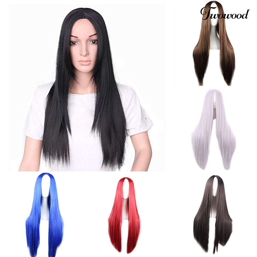 Twowood Fashion Wanita Warna Solid Belah Tengah Panjang Lurus Wig Cosplay Sopak