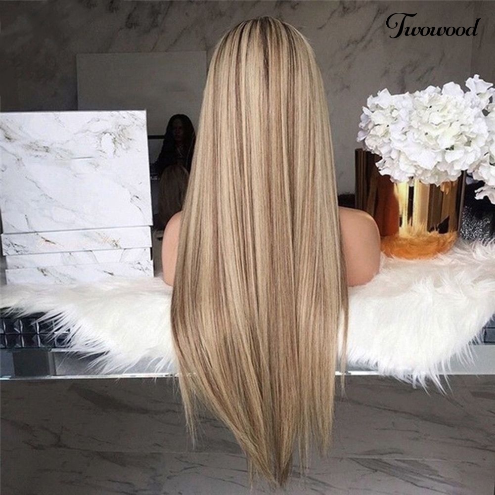 Twowood Long Wig Super Long Belah Tengah High Gloss Serat Suhu Tinggi Rambut Sintetis Golden Lurus Wig Untuk Perjamuan