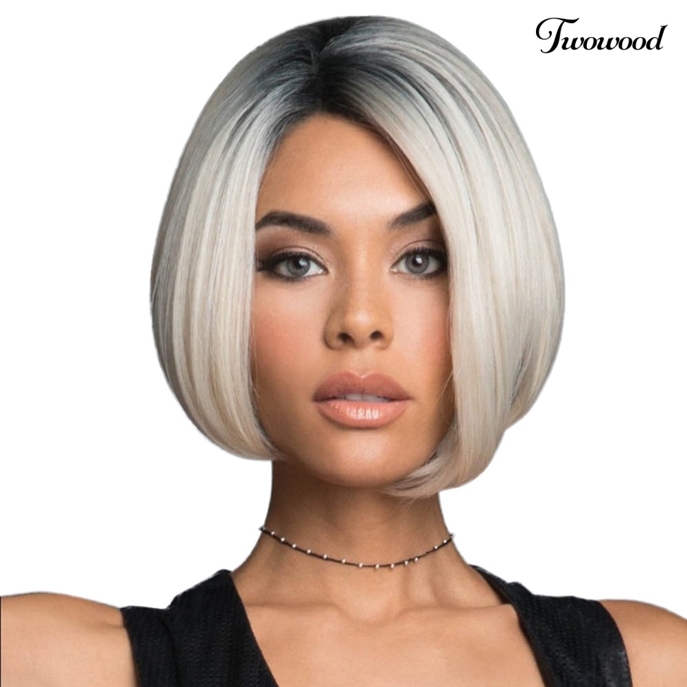 Twowood Wanita Fashion Gradien Bob Lurus Wig Tahan Panas Pendek Sopak Sintetis