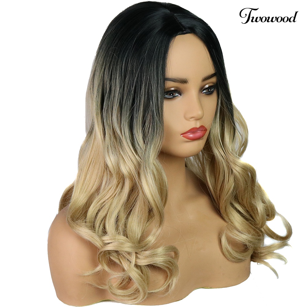 Twowood Perempuan Serat Suhu Tinggi Rambut Keriting Panjang Blonde Gradient Wig Sopak