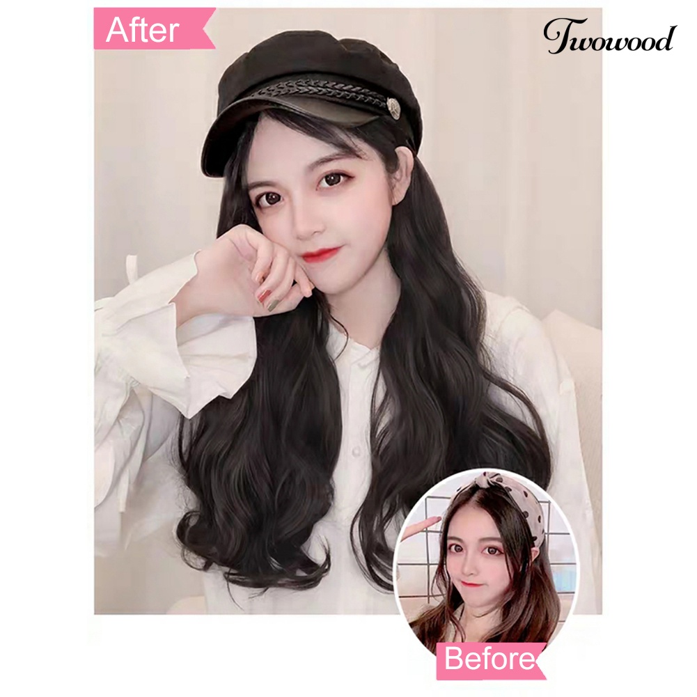 Twowood Wanita Fashion Rambut Palsu Panjang Gelombang Lurus Hairpiece Hair Extension Dengan Topi Berujung