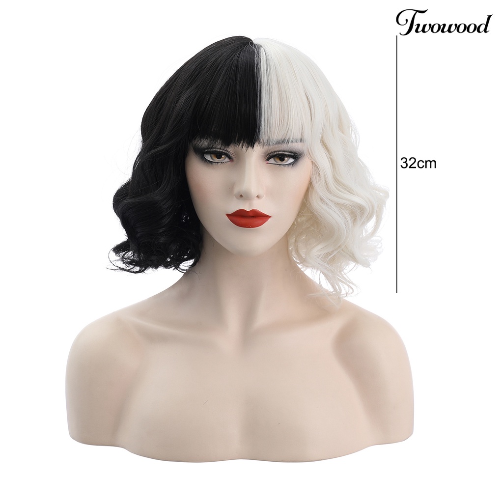 Twowood Cruella Wig Vivid Styles Wavy Serat Suhu Tinggi Setengah Hitam Kecil Pendek Keriting Karena Wig Alat Cosplay