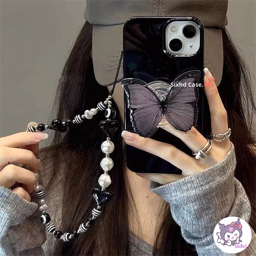 IPHONE Kompatibel Untuk Iphone14 13 12 11 Pro Max SE2020 X Xr Xs Max8 7 Plus Gaya Baru Ins Fashion Hitam Butterfly Phone Case +Lanyard +Bracket Lembut Anti Jatuh Pelindung TPU Cover