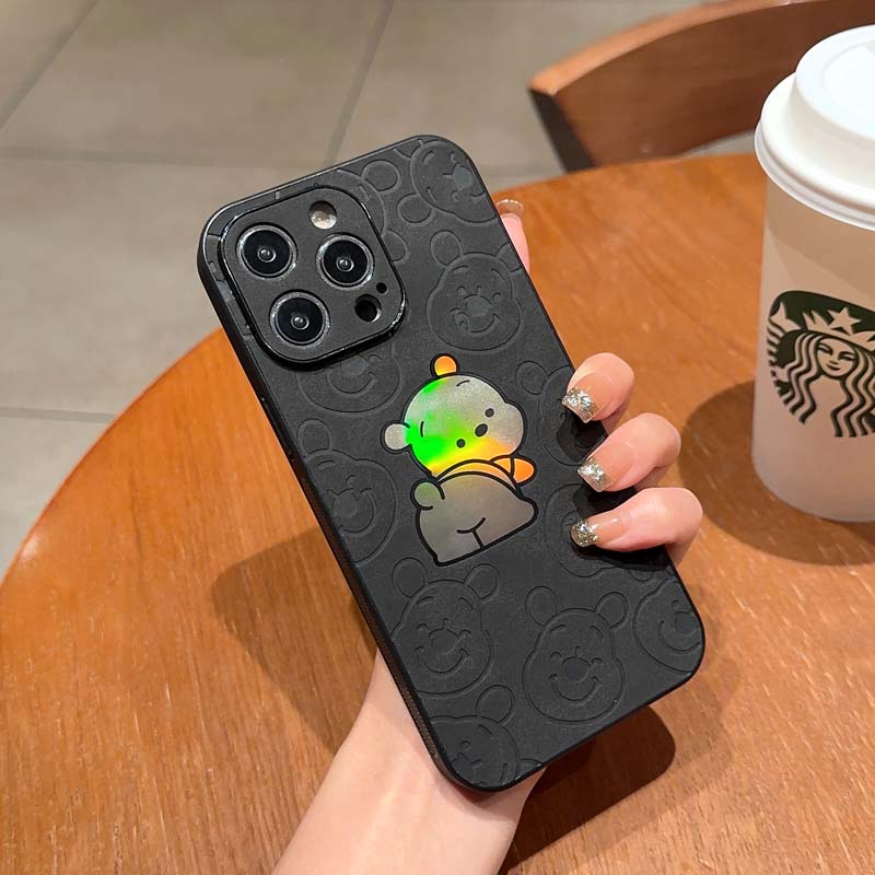 IPHONE Cover Tahan Guncangan Winnie the Pooh Bahan Kulit Mewah Untuk Iphone11 12 13 14 Pro max X XS XR XSMAX 78 14 plus Penutup Casing Bumper Laser Soft Case