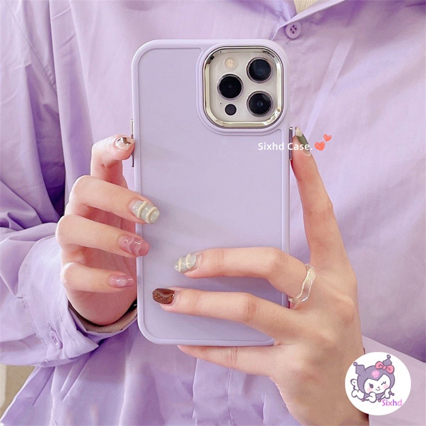 IPHONE Kompatibel Untuk Iphone11 14 13 12 Pro Max8 7Plus X Xs Xr Xs Max SE2020 Electroplated Lens Frame Protection Simple Purple Butterfly Fashion Phone Case+Braket Lembut Anti Jatuh Cover