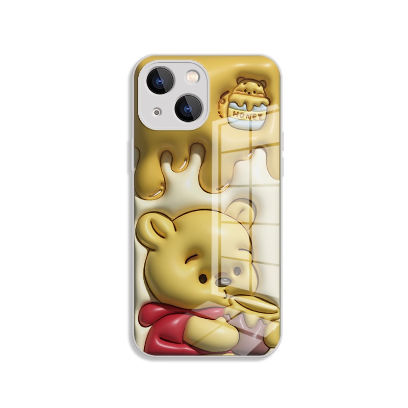 IPHONE Casing Keras Kaca Beruang Strawberry Kartun Datar 3D Cocok Untuk Iphone14 13 12 11 Pro Max Cat Metalik Anime Winnie Bear Print Pelindung Case