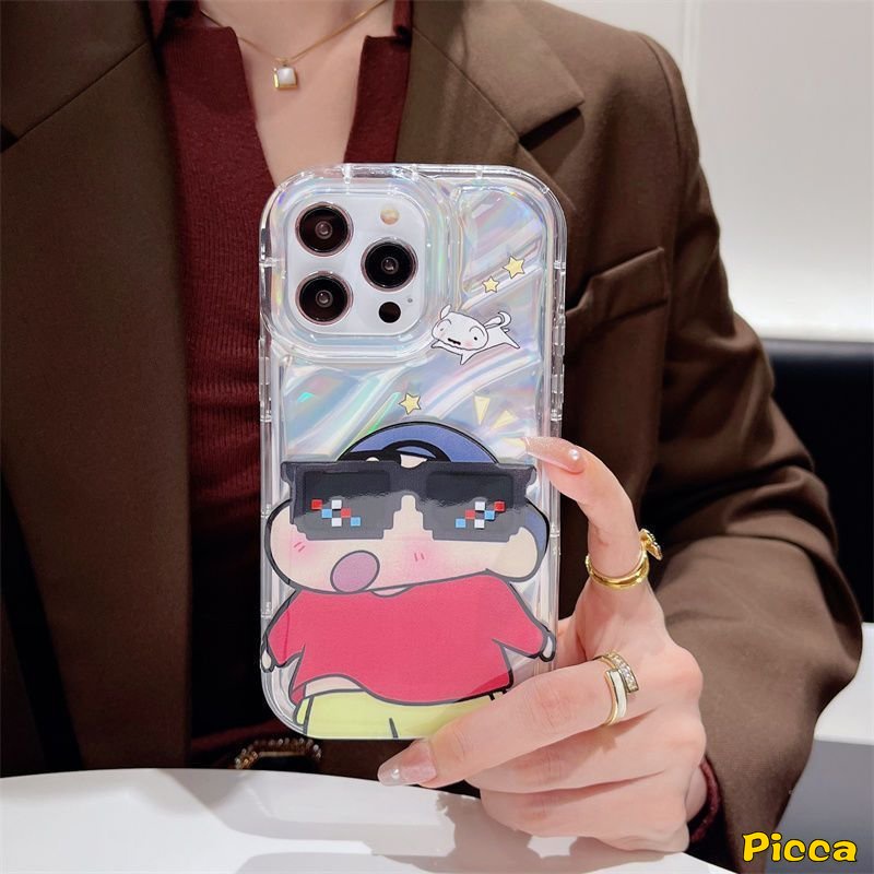 Mewah Dazzle Warna Kartu Laser Kacamata Hitam Keren Crayon Shin-Chan Case Kompatibel Untuk IPhone XR 11 13 14 12 Pro Max7 8 6 6S Plus X XS MAX SE 2020 Case 3D Dengan Stiker Hati Berlian