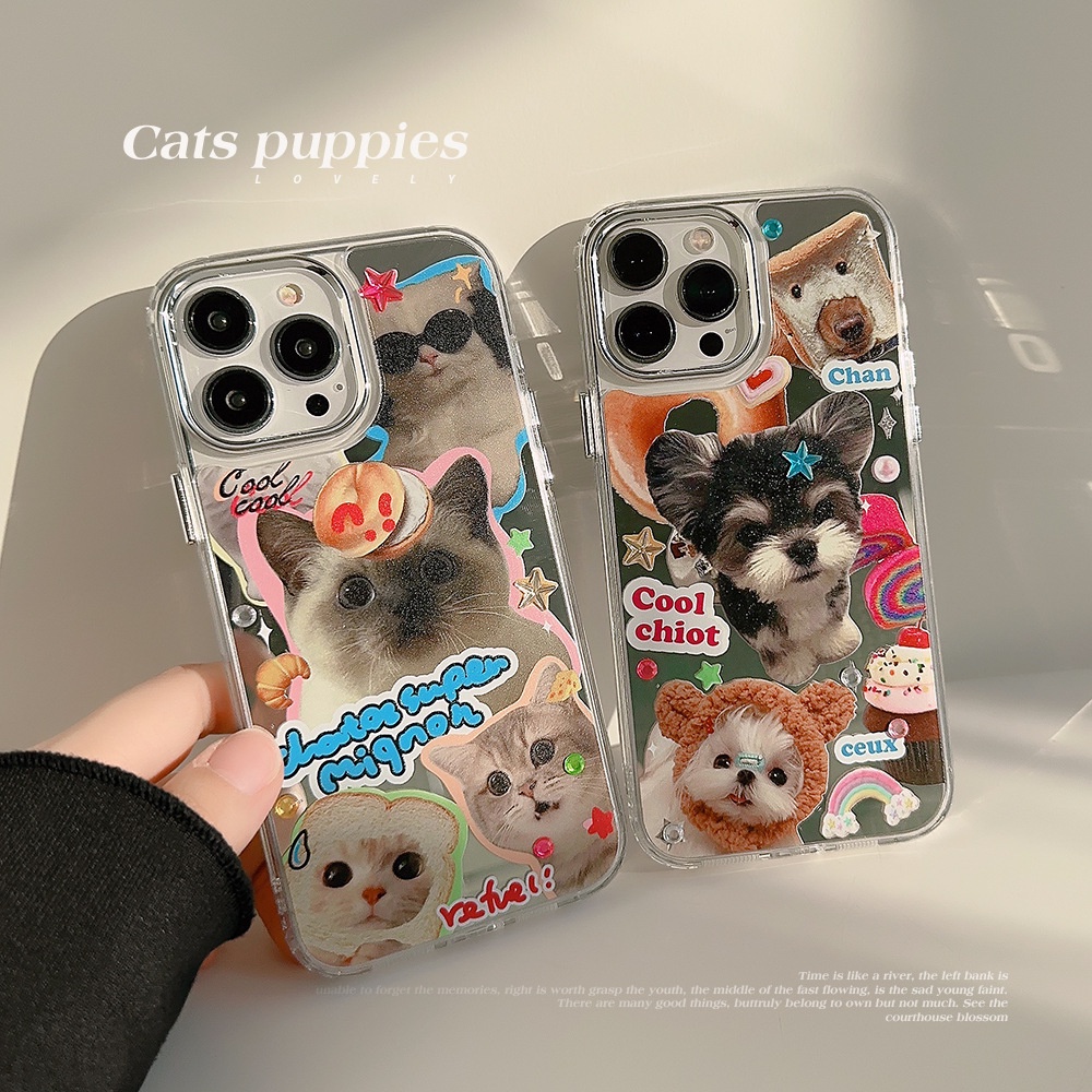IPHONE Hewan Lucu Pasangan Kekasih Ponsel Case Puppy Dog Cat Electroplated Camera Frame Cover Dengan Manik-Manik Berlian Imitasi Stiker Untuk Iphone11 12 13 14 PRO MAX