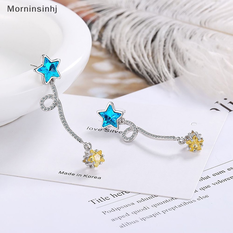 Mornin 1pasang Anting Liontin Bintang Kecil Biru Yang Indah Manis Sederhana Kristal Kuning Zirkon Bintang Anting Rumbai Untuk Wanita Perhiasan Hadiah id