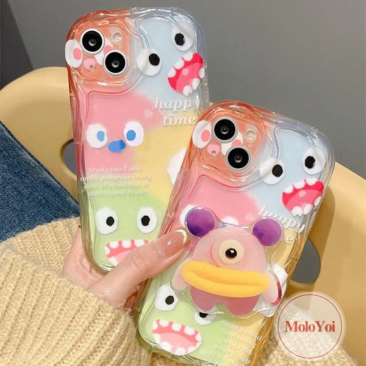 IPHONE Kartun Lucu Warna Monster Kecil Stand Bracket Case Kompatibel Untuk Iphone11 13 14 12 Pro Max 7Plus XR XS X Max7 8 6s 6 Plus Se2020 3D Wavy Curved Edge Soft Case