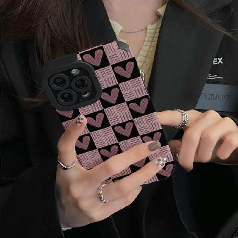 All New Checkered Pink Heart Leather Soft Case IPhone 7 Plus 8 Plus X XS XR XS Max 11 13 12 14 PRO Max 14 Plus SE Mini Phone Case Girl Girl Women's Fashion Pretty Case